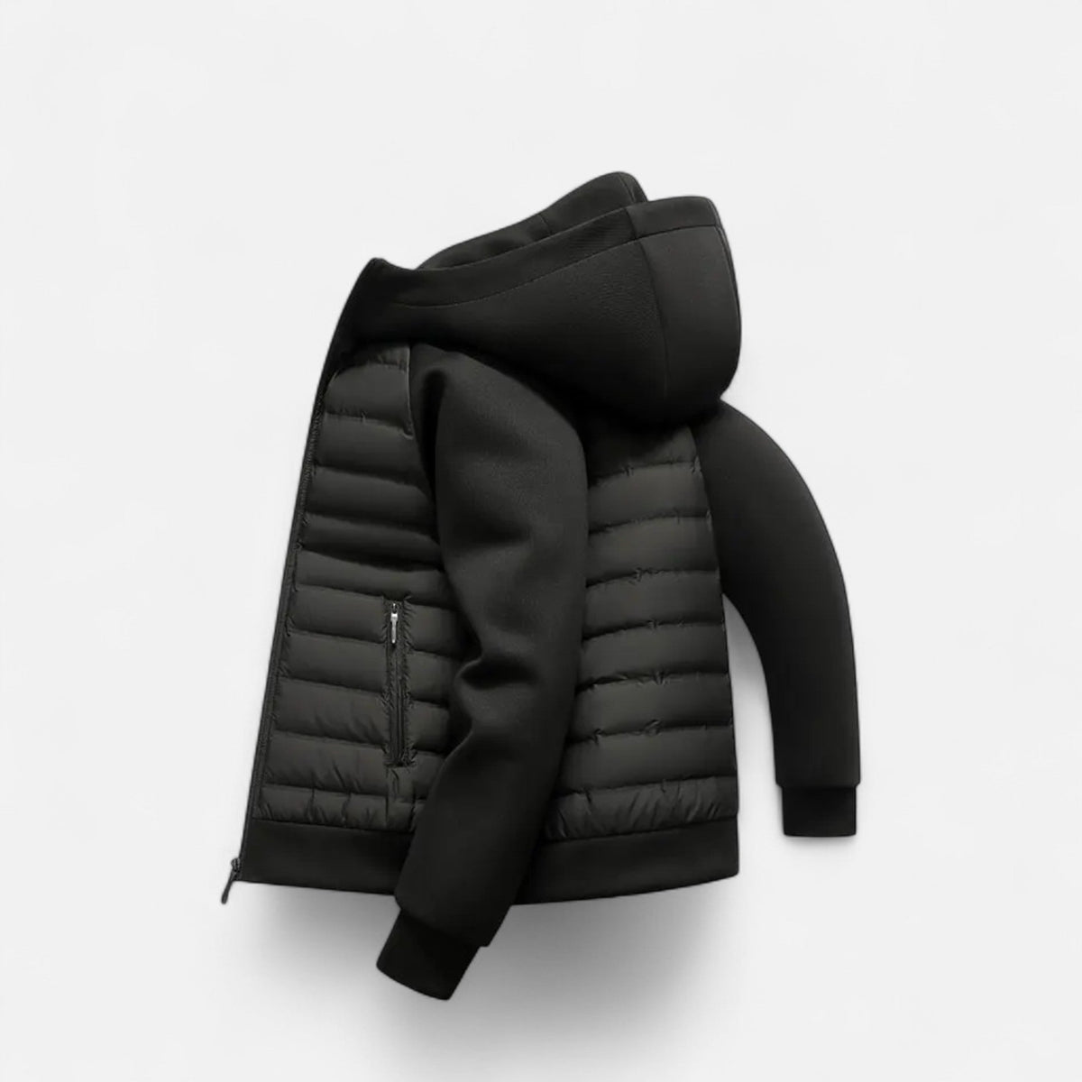 Men's hooded puffer jacket with quilted panels