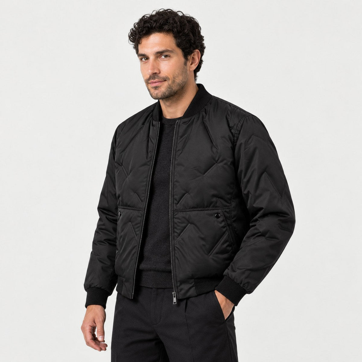 Men's quilted bomber jacket in Black | Orleton – side view