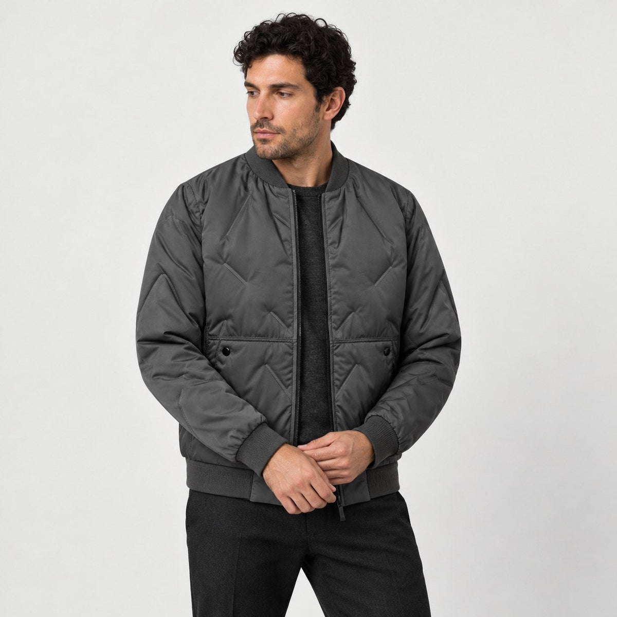 Men's quilted bomber jacket in Charcoal | Orleton – side view
