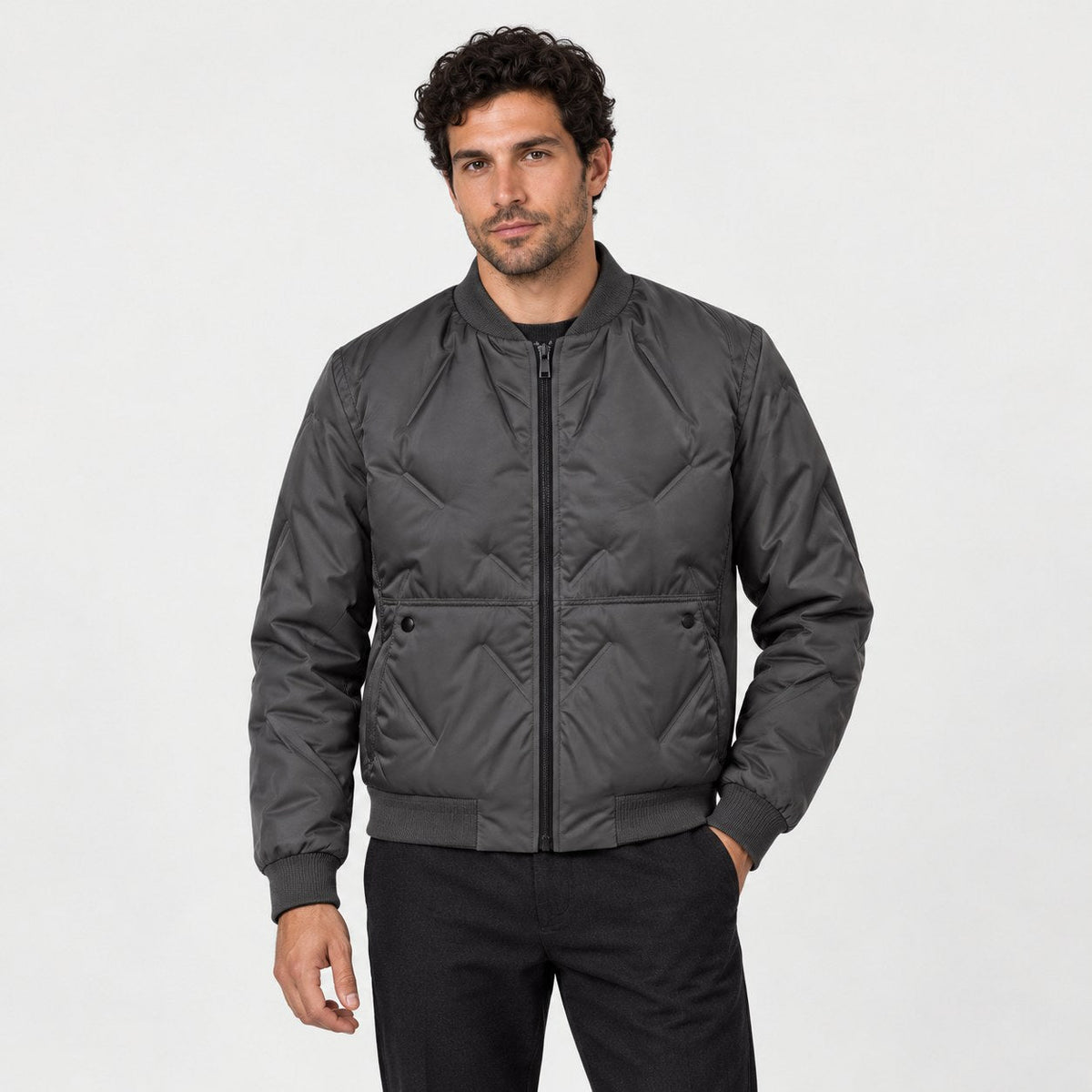 Men's quilted bomber jacket in Charcoal | Orleton – front view