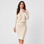 Women's rib knit jumper and skirt set in Beige | Duddington – front view