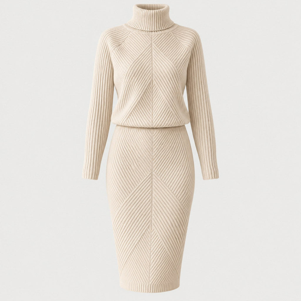 Women's rib knit jumper and skirt set in Beige | Duddington – front view
