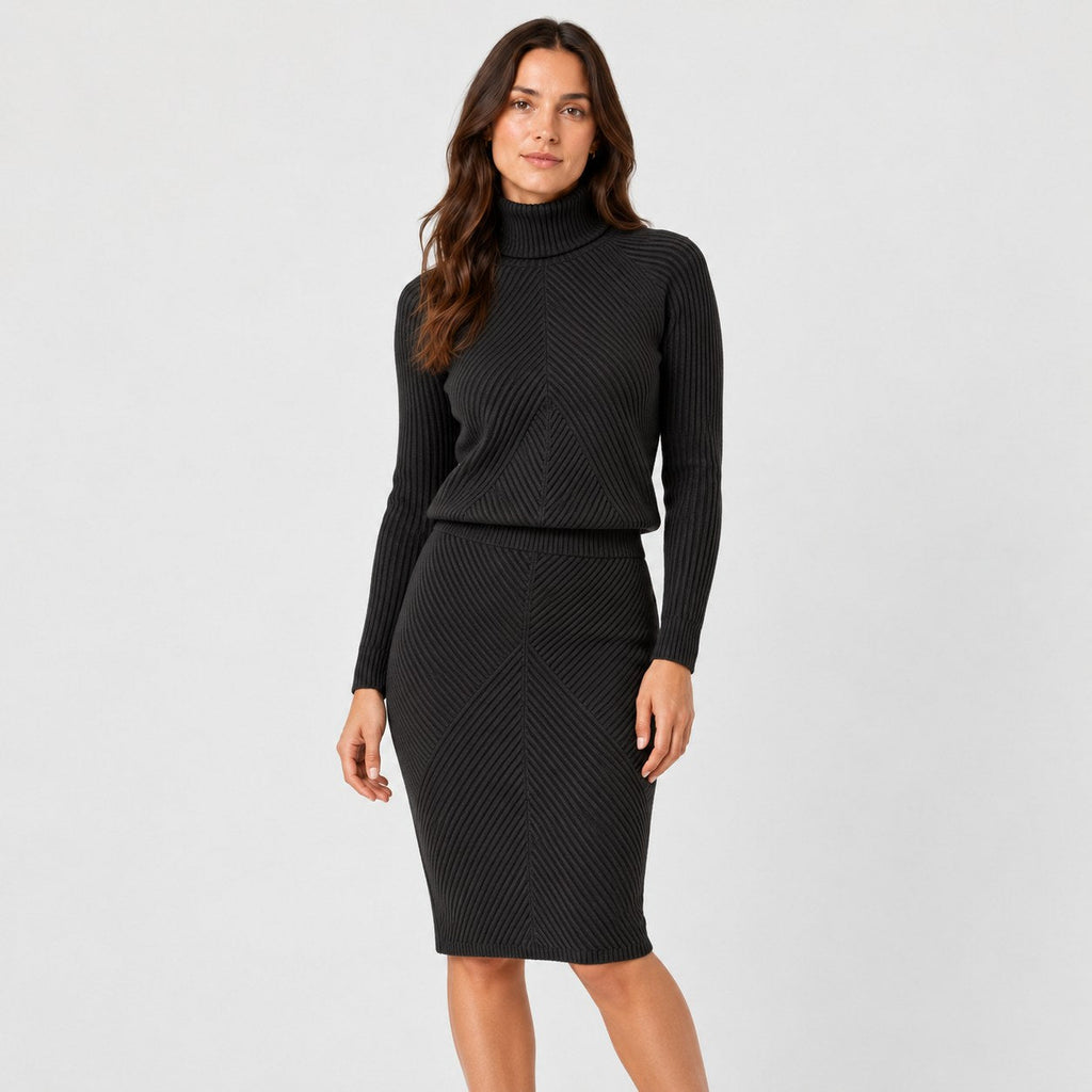 Women's rib knit jumper and skirt set in Black | Duddington – front view