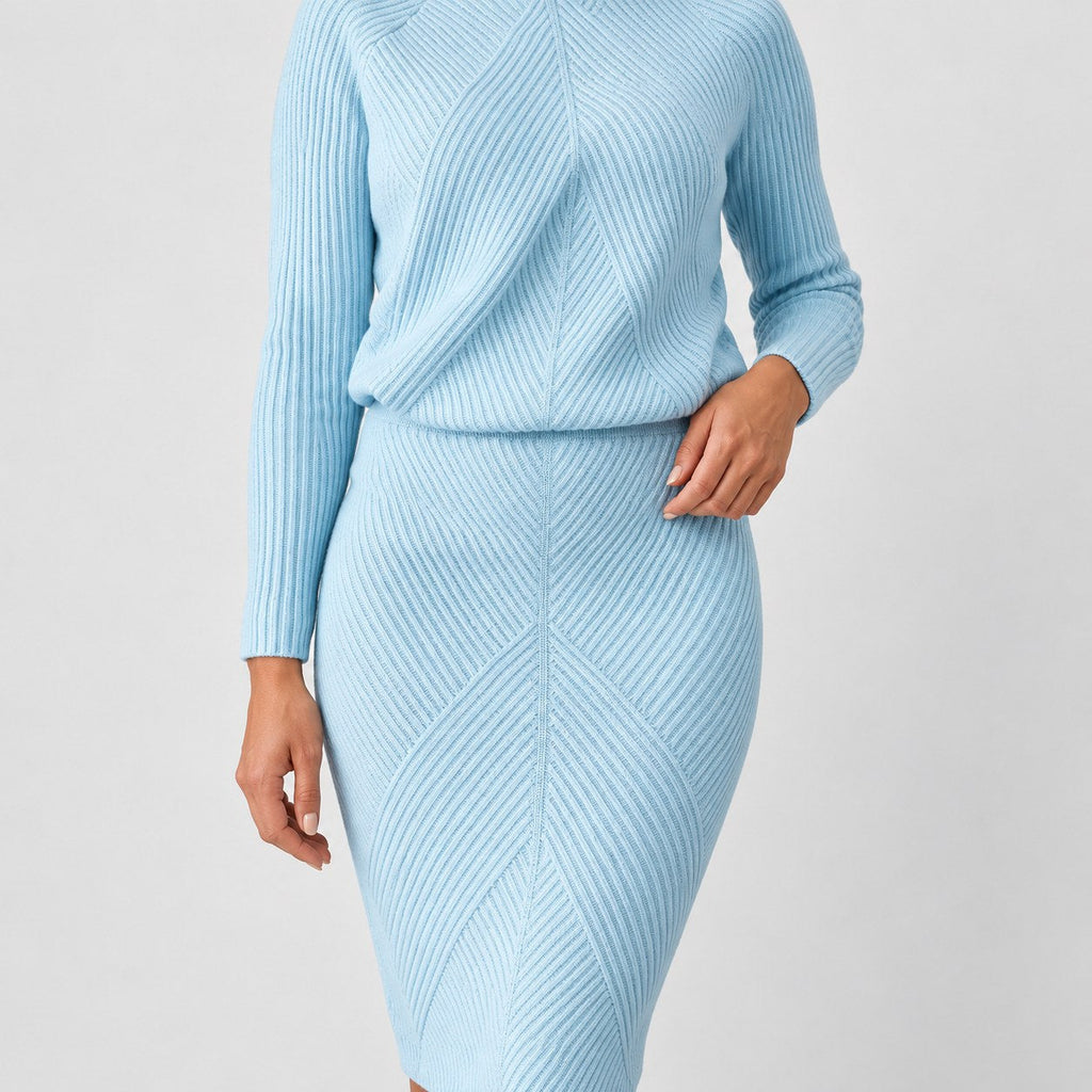Women's rib knit jumper and skirt set in Sky Blue | Duddington – detail view