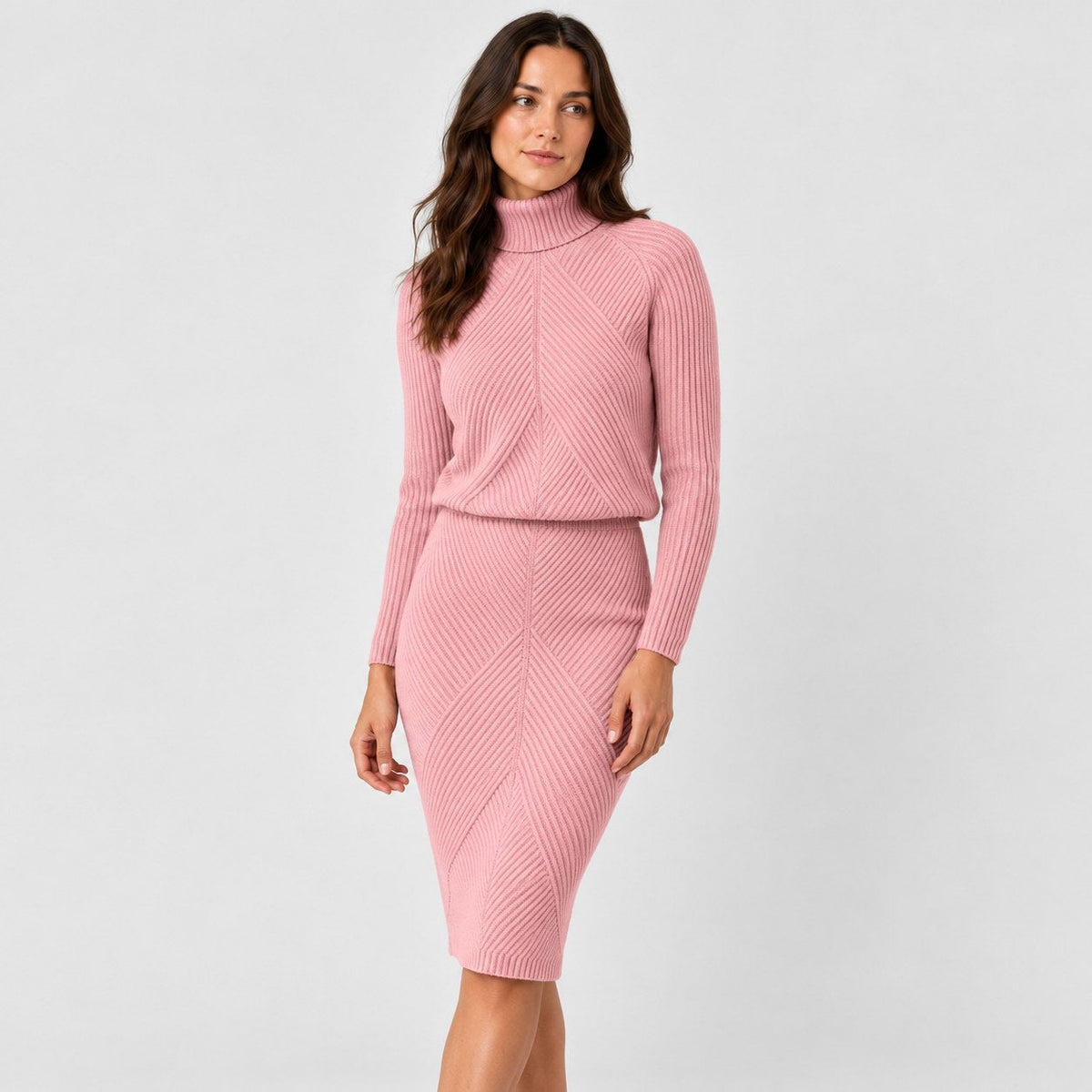 Women's rib knit jumper and skirt set in Pink | Duddington – side view