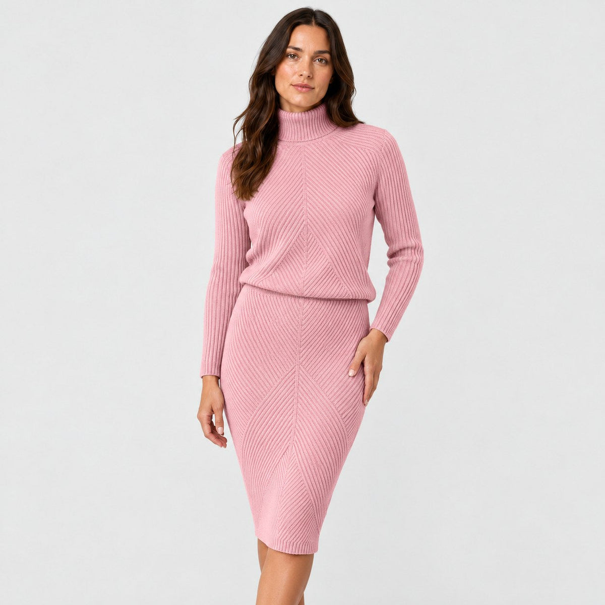 Women's rib knit jumper and skirt set in Pink | Duddington – front view