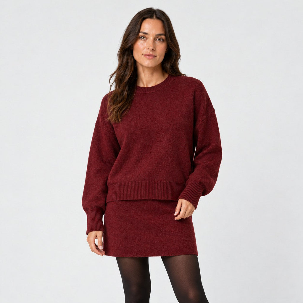 Women's jumper and mini skirt set in Burgundy | Blisland – front view
