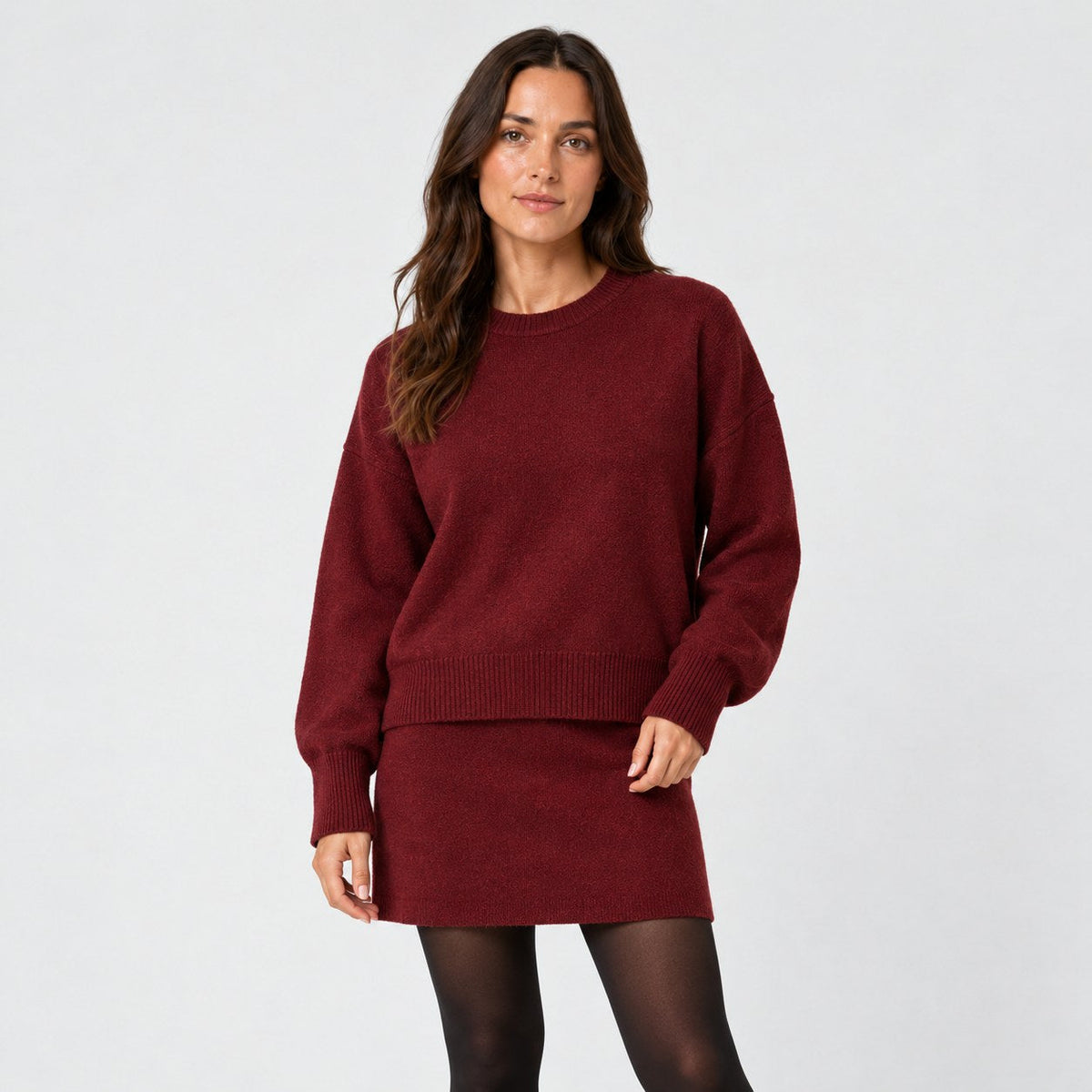 Women's jumper and mini skirt set in Burgundy | Blisland – front view