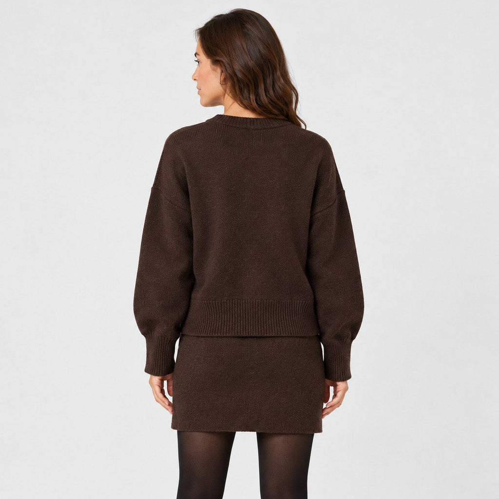 Women's jumper and mini skirt set in Dark Brown | Blisland – back view