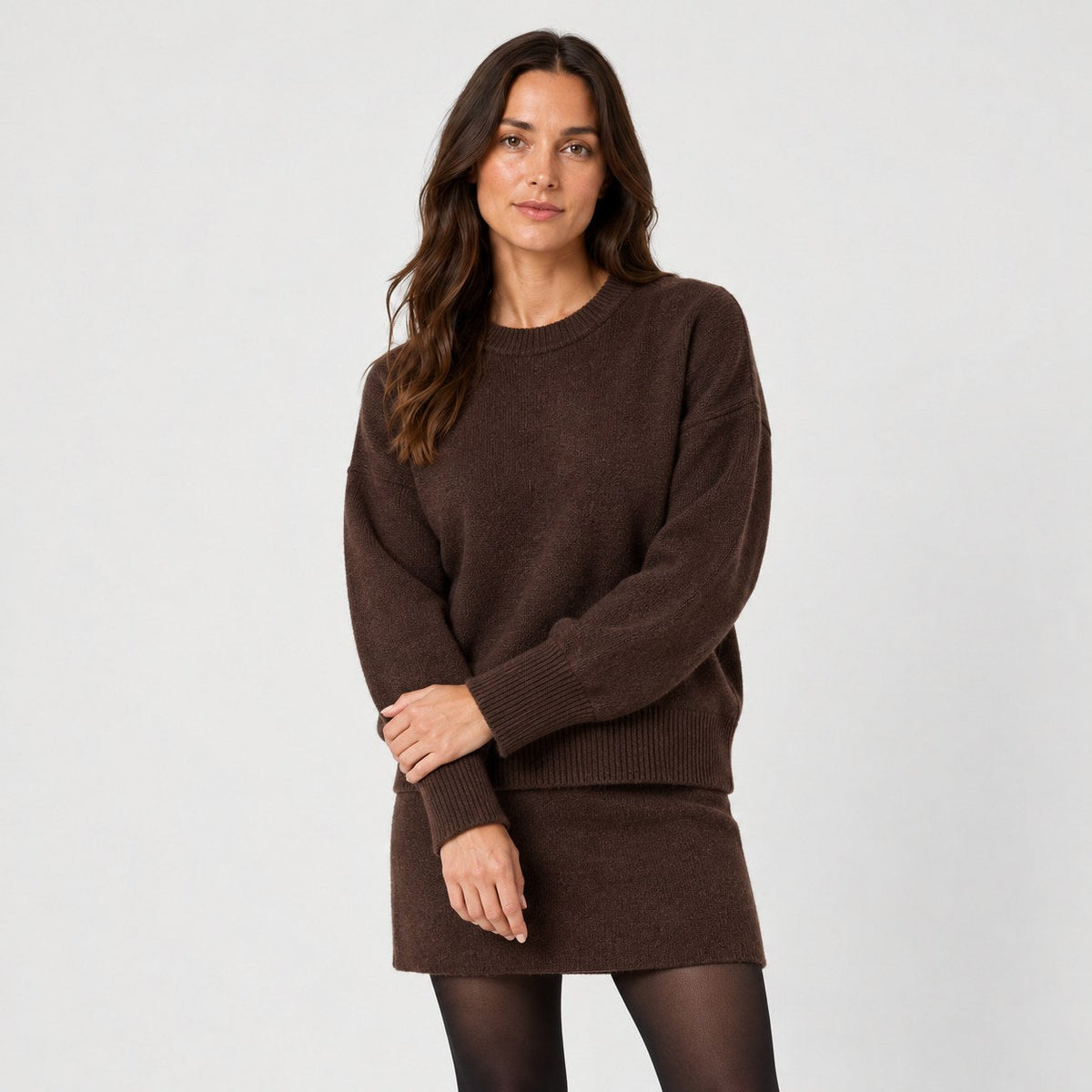 Women's jumper and mini skirt set in Dark Brown | Blisland – front view