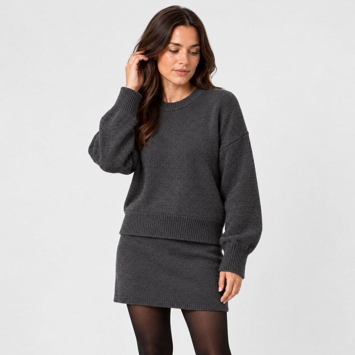 Women's jumper and mini skirt set in Charcoal | Blisland – side view