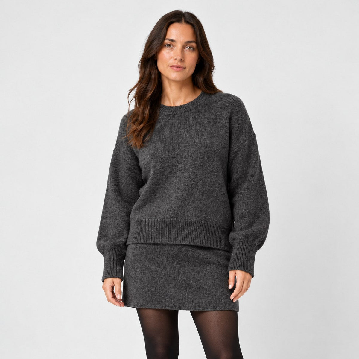 Women's jumper and mini skirt set in Charcoal | Blisland – front view