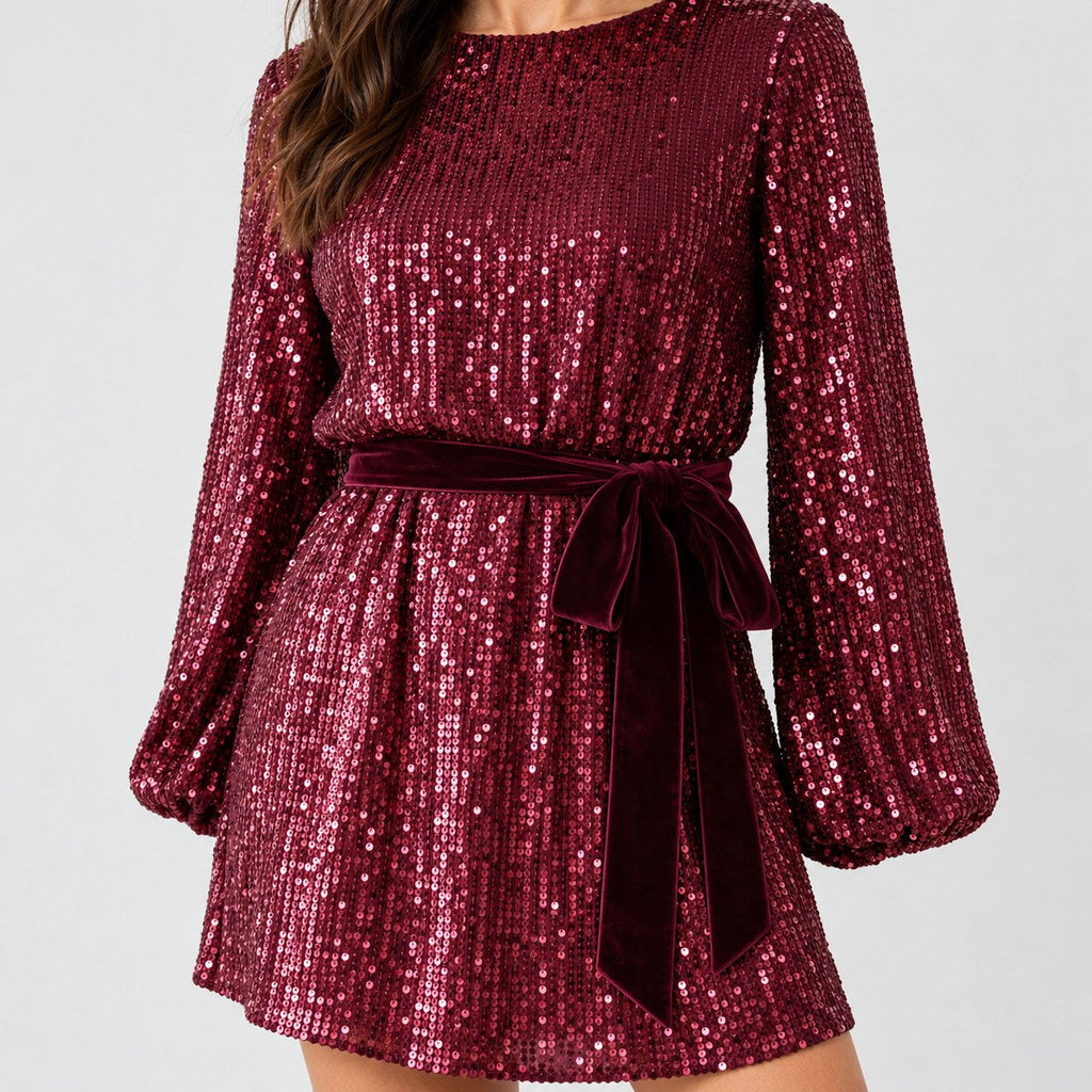 Women's sequin mini dress in Burgundy | Elkstone – detail view