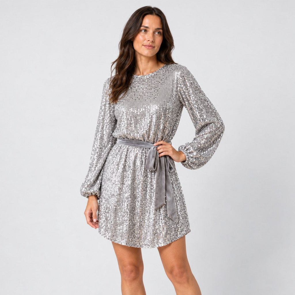 Women's sequin mini dress in Silver | Elkstone – side view