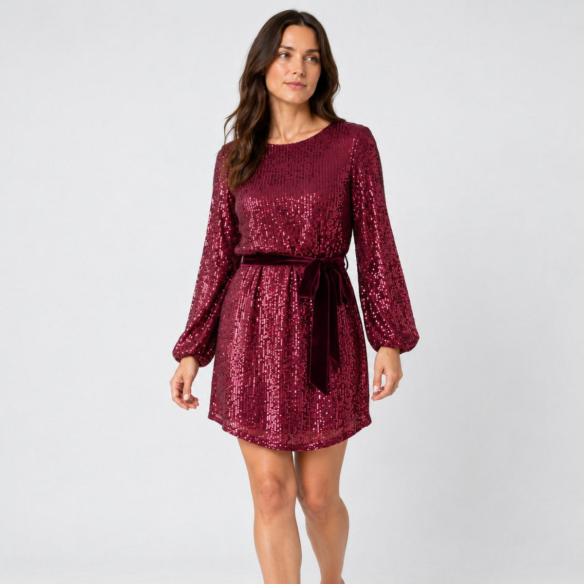 Women's sequin mini dress in Burgundy | Elkstone – side view