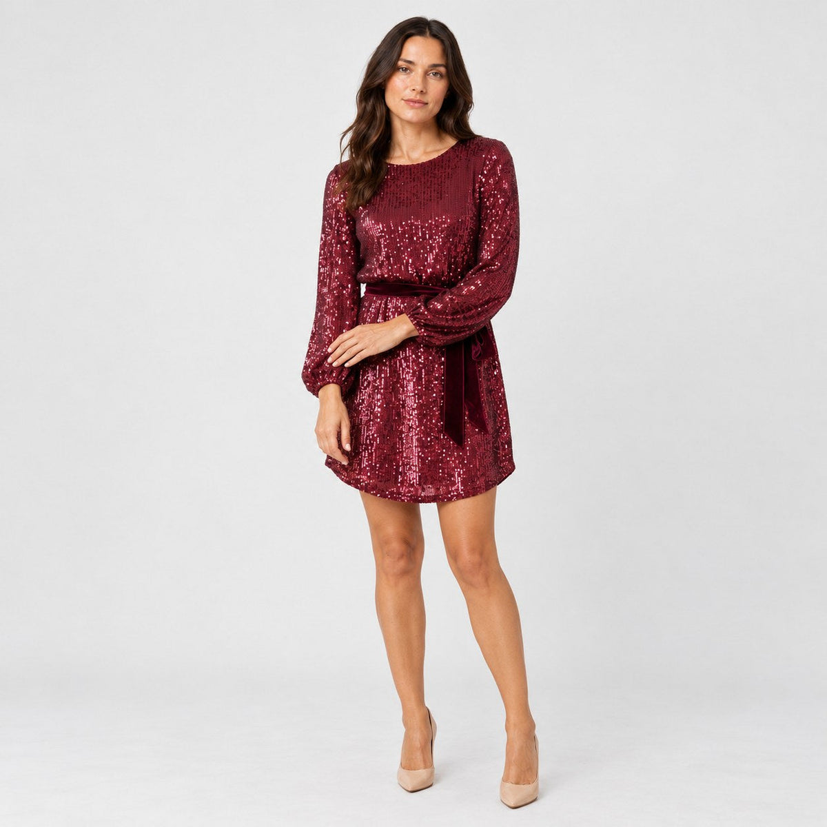 Women's sequin mini dress in Burgundy | Elkstone – front view