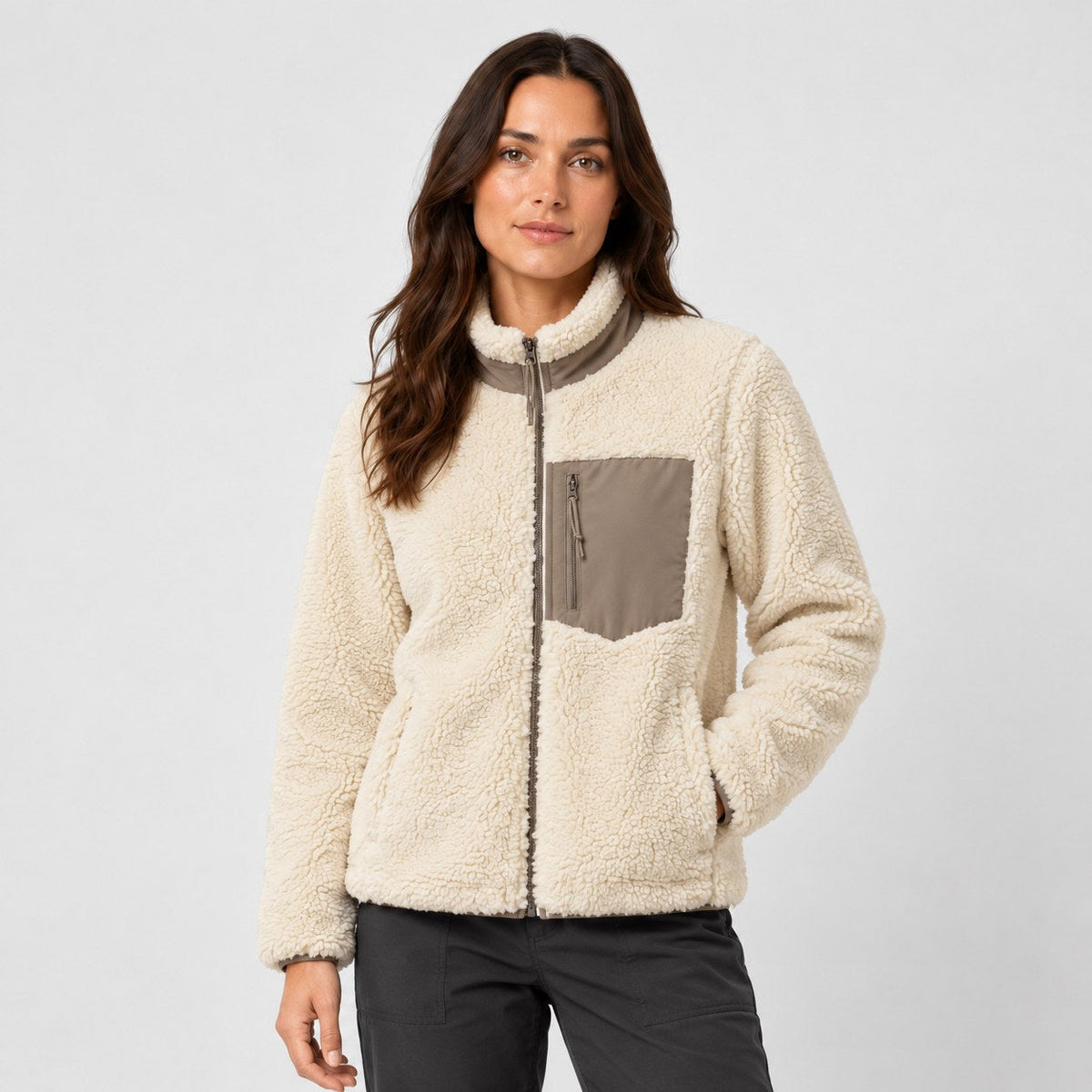 Women's sherpa fleece jacket in Cream & Taupe | Lurgashall – front view