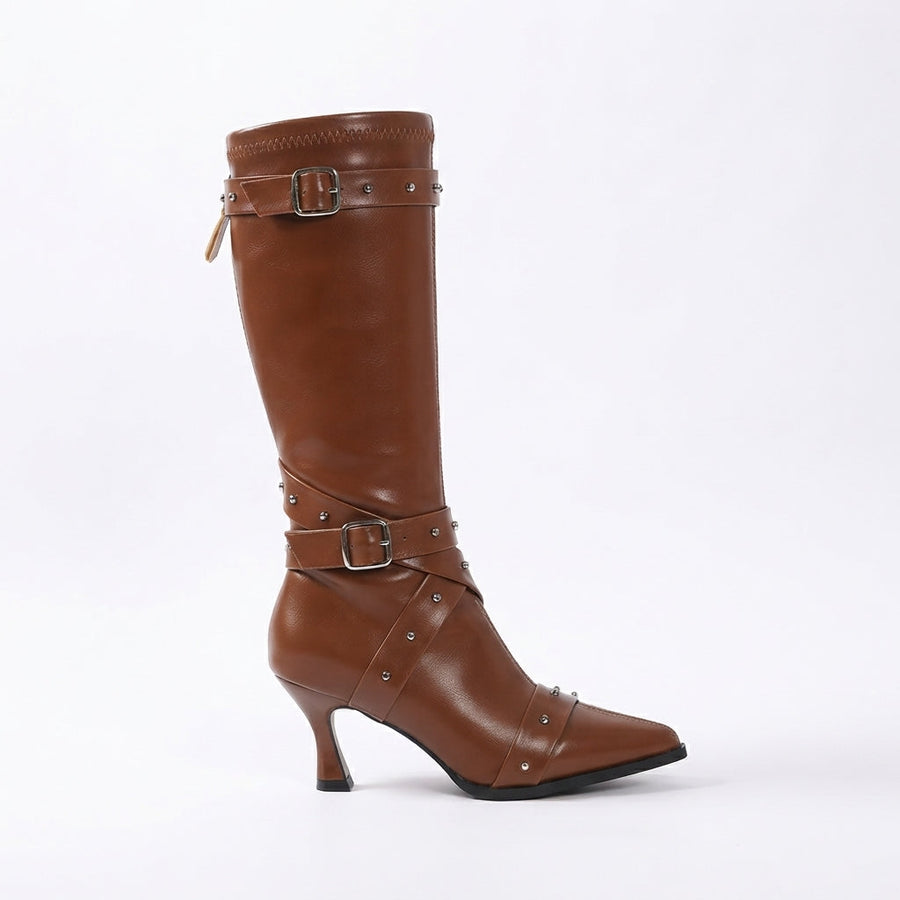 Women's Studded Heeled Knee High Boots with Pointed Toe