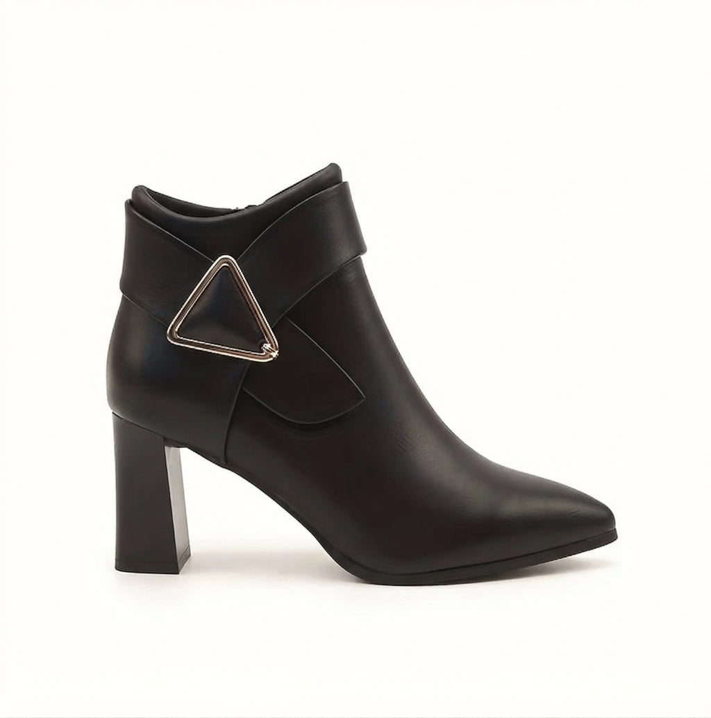 Women's Pointed Toe Block Heel Ankle Boots with Buckle Zip