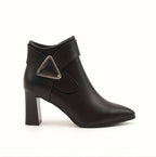 Women's Pointed Toe Block Heel Ankle Boots with Buckle Zip