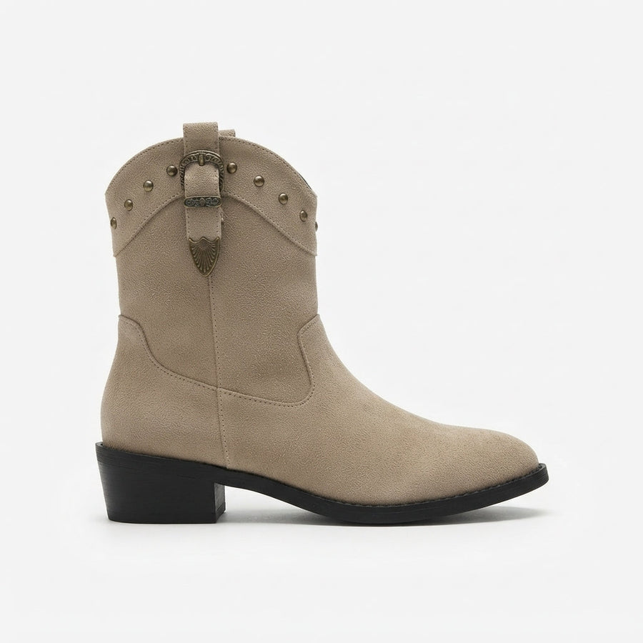 Women's Mid-Calf Cowboy Boots with Studded Buckle Strap