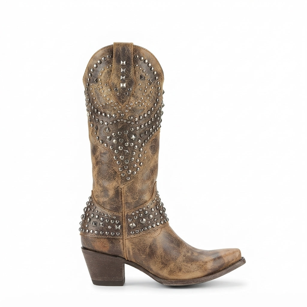 Women's Studded Leather Knee High Cowboy Boots in Brown