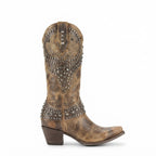 Women's Studded Leather Knee High Cowboy Boots in Brown