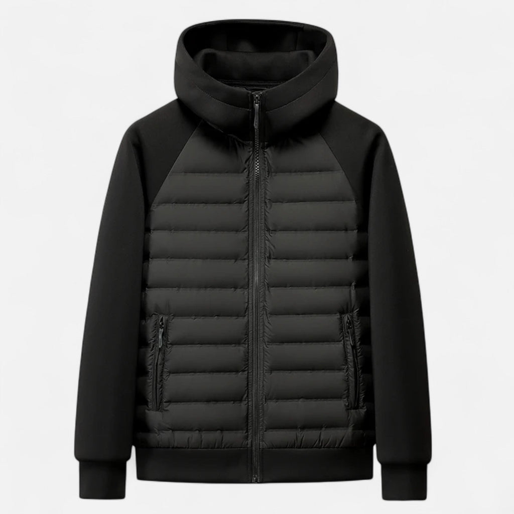 Men's hooded puffer jacket with quilted panels