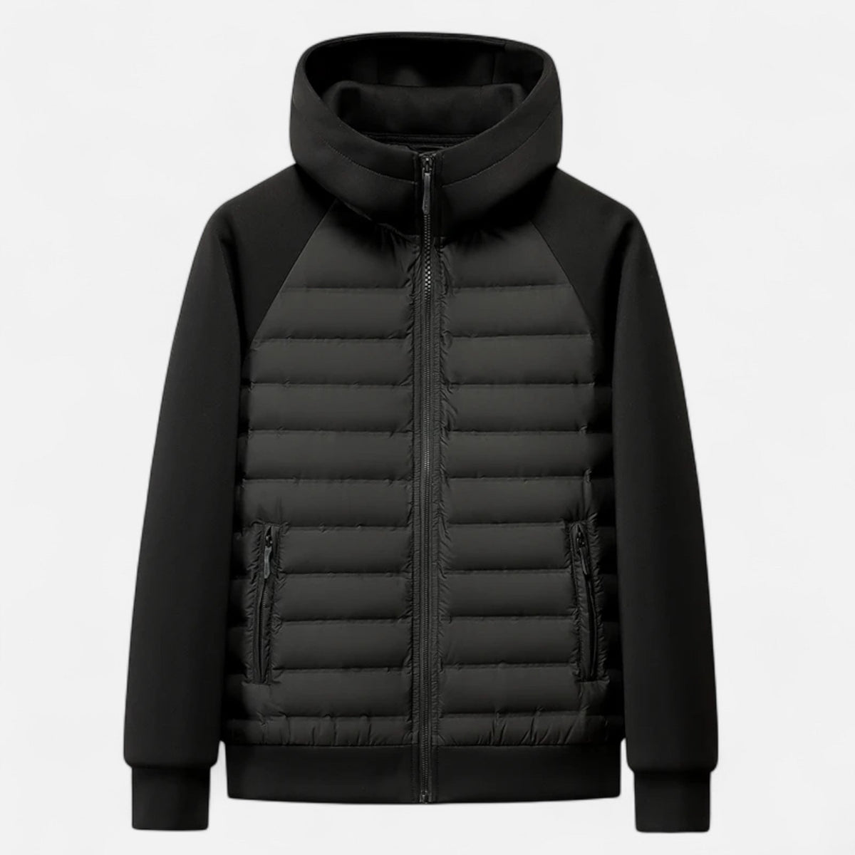 Men's hooded puffer jacket with quilted panels