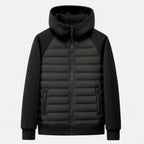 Men's hooded puffer jacket with quilted panels