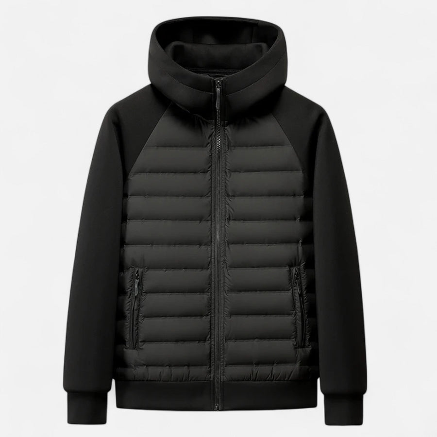 Men's hooded puffer jacket with quilted panels