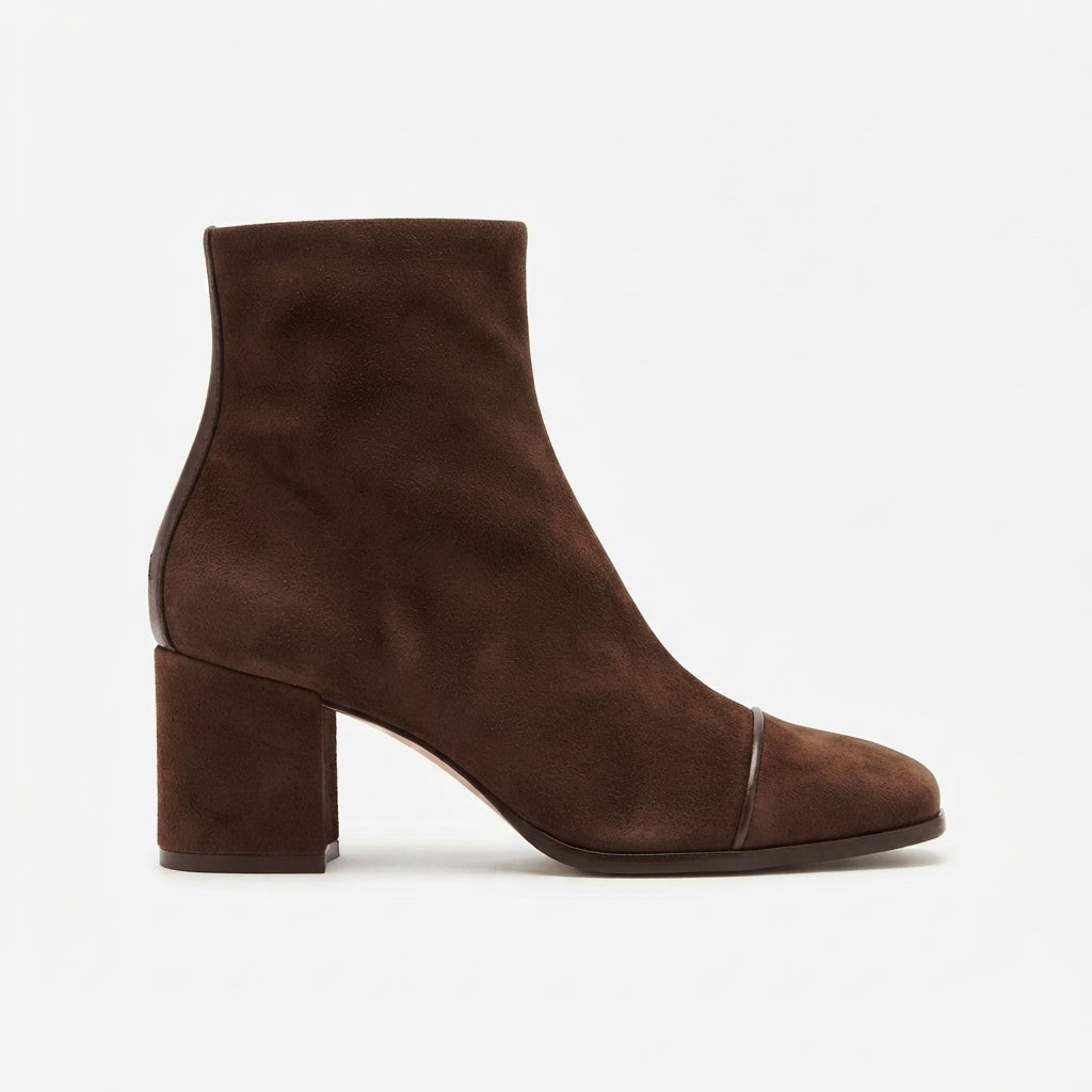 Women's Square Toe Suede Block Heel Ankle Boots in Brown