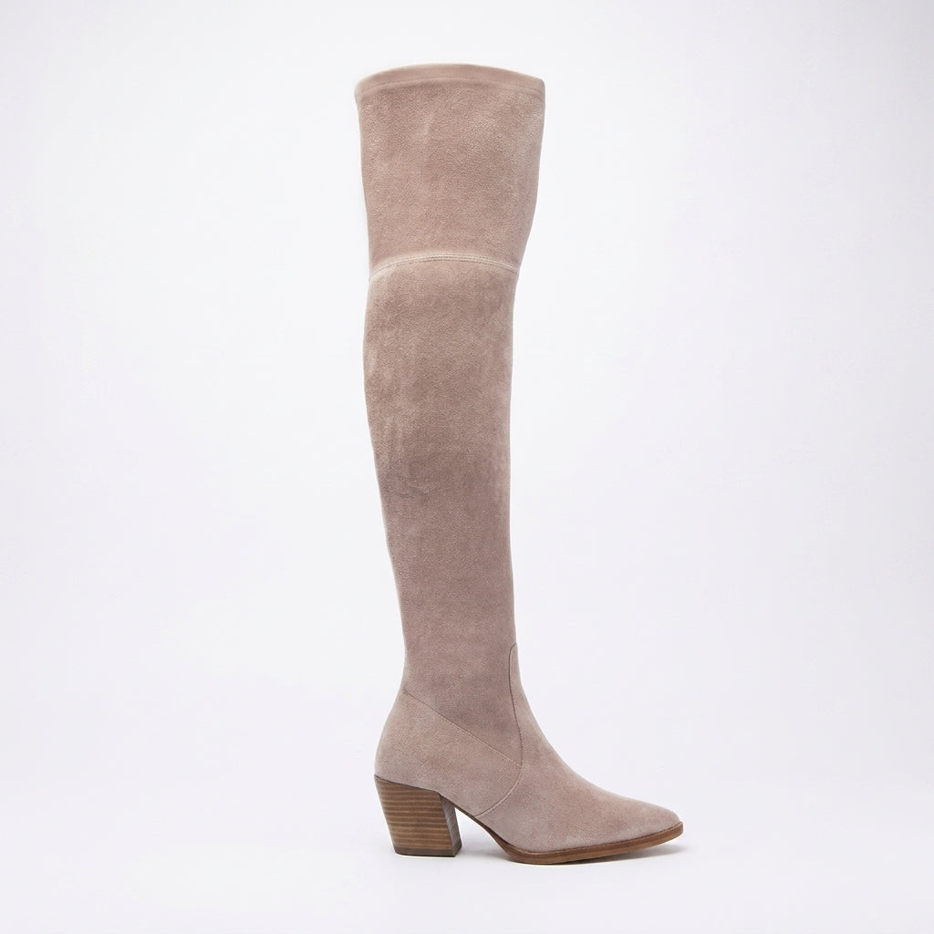 Women's Suede-Effect Over the Knee Boots with Block Heel in Beige