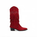 Women's Suede Knee High Fringe Cowboy Boots with Block Heel