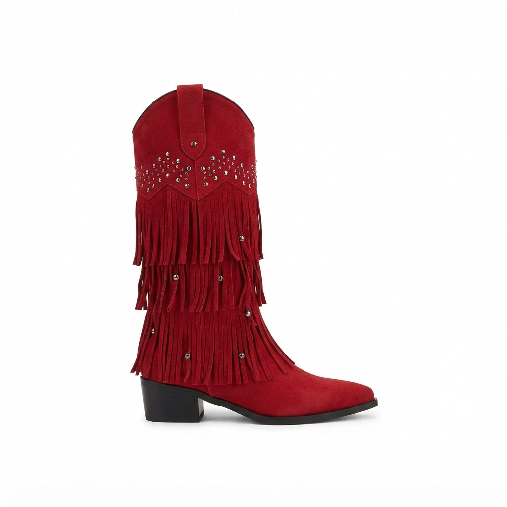 Women's Suede Knee High Fringe Cowboy Boots with Block Heel