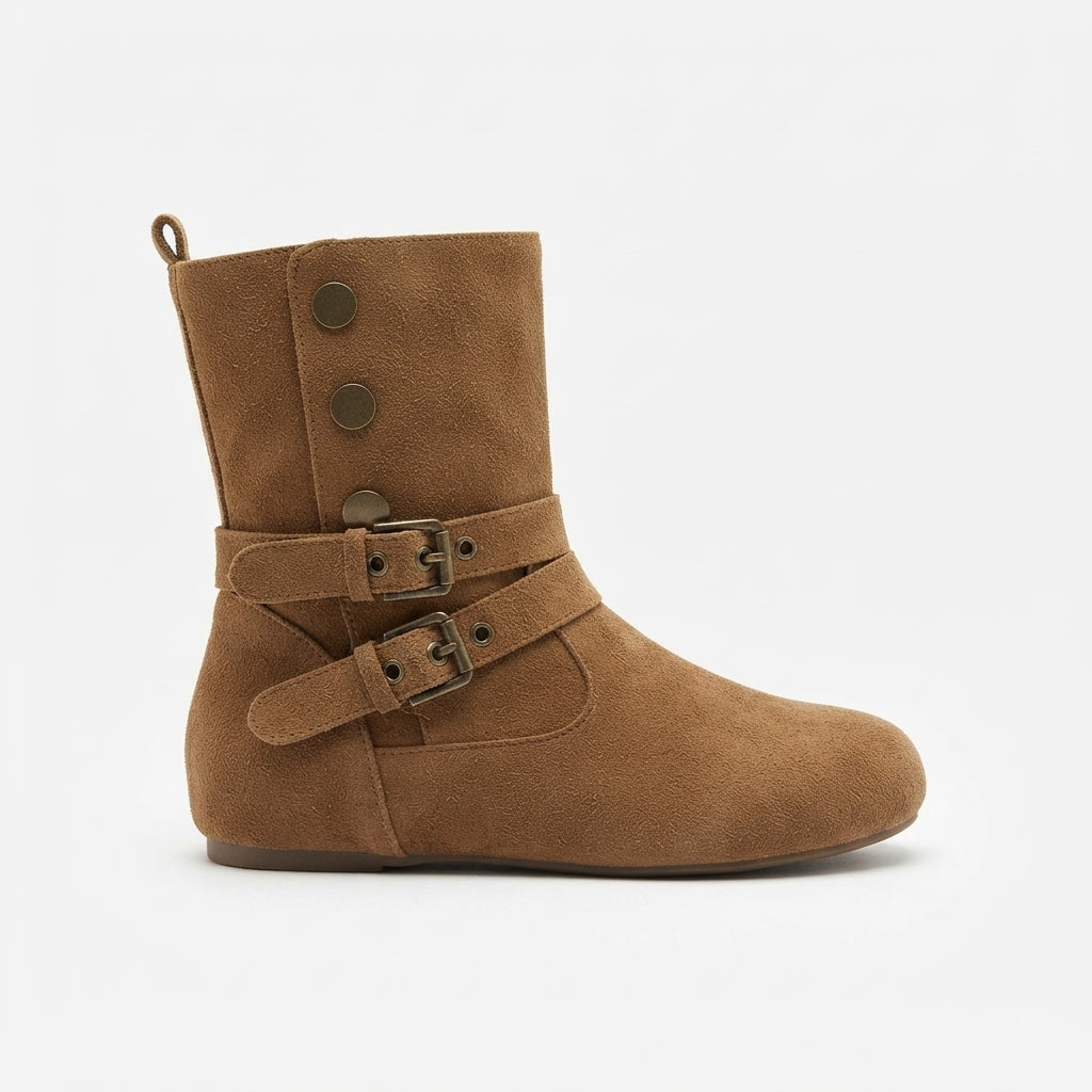 Women's Suede Mid-Calf Biker Boots with Double Buckle
