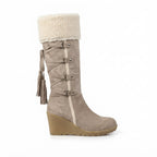 Women's Knee High Wedge Boots with Faux Shearling Cuff