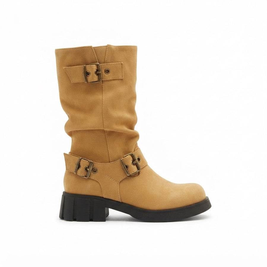 Women's Heeled Biker Boots with Buckle Straps & Lug Sole