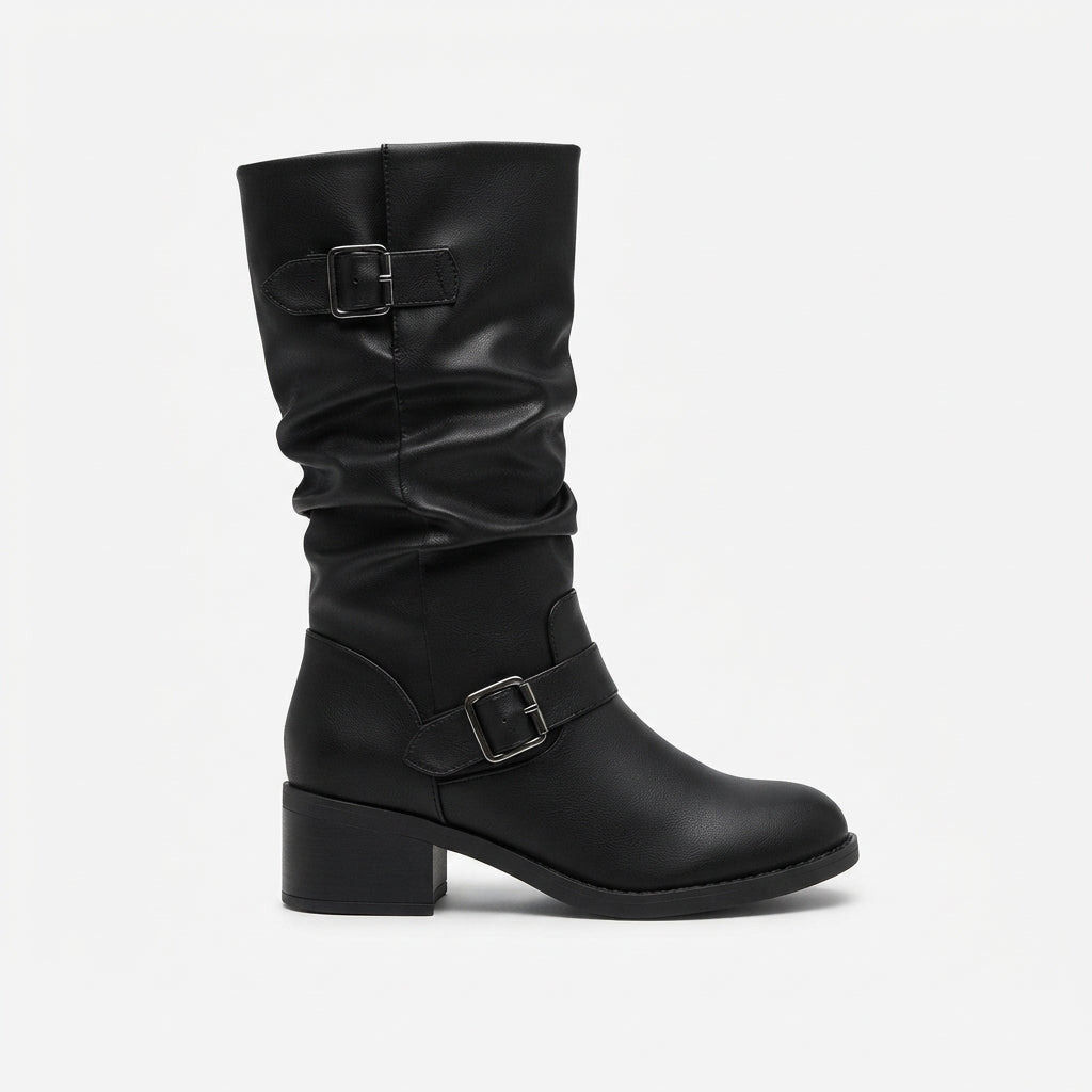 Women's Knee High Slouch Buckle Boots with Block Heel in Black