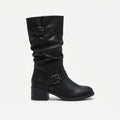 Women's Knee High Slouch Buckle Boots with Block Heel in Black