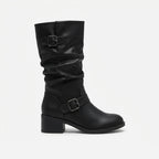 Women's Knee High Slouch Buckle Boots with Block Heel in Black