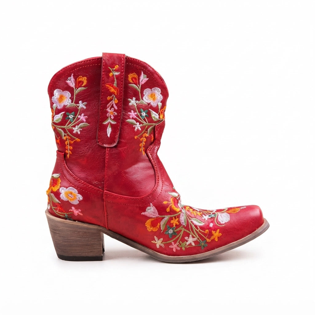 Women's Waterproof Leather Cowboy Ankle Boots with Embroidery in Red
