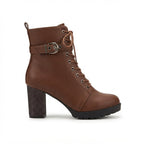 Women's Block Heel Lace-Up Combat Ankle Boots with Buckle