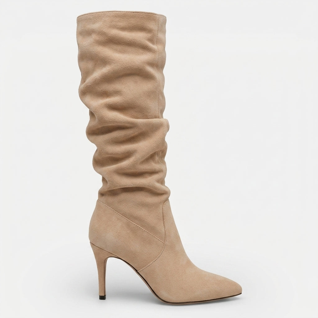 Women's Ruched Suede Knee High Stiletto Boots, Pointed Toe