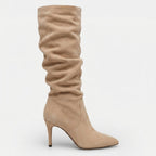 Women's Ruched Suede Knee High Stiletto Boots, Pointed Toe