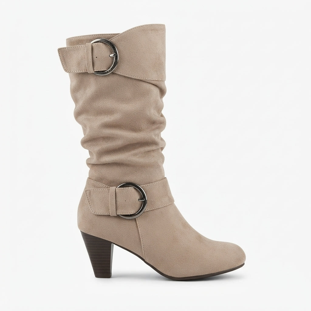 Women's Ruched Knee High Slouch Boots with Heel & Buckle