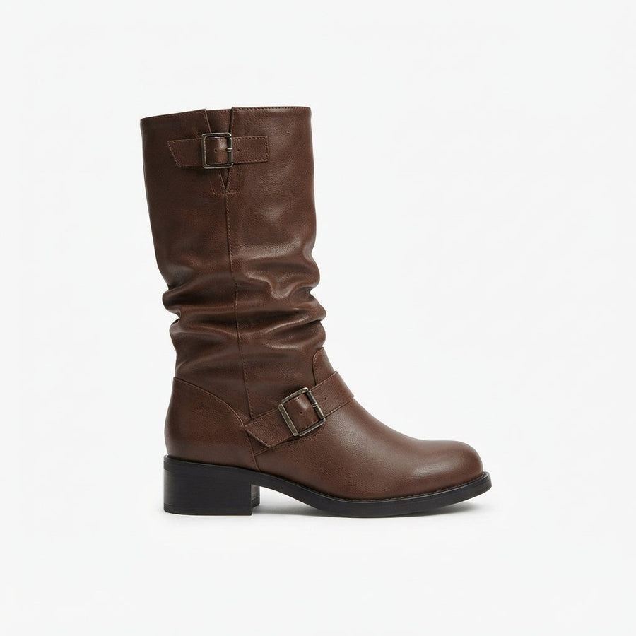 Bottes de motard souples pour femme jusqu'aux genoux avec double boucle