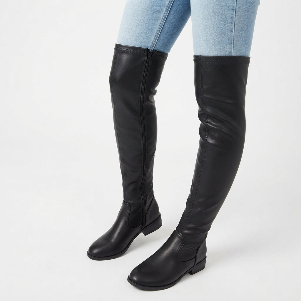 Women's Slim Stretch Over the Knee Boots with Low Block Heel in Black – view 2