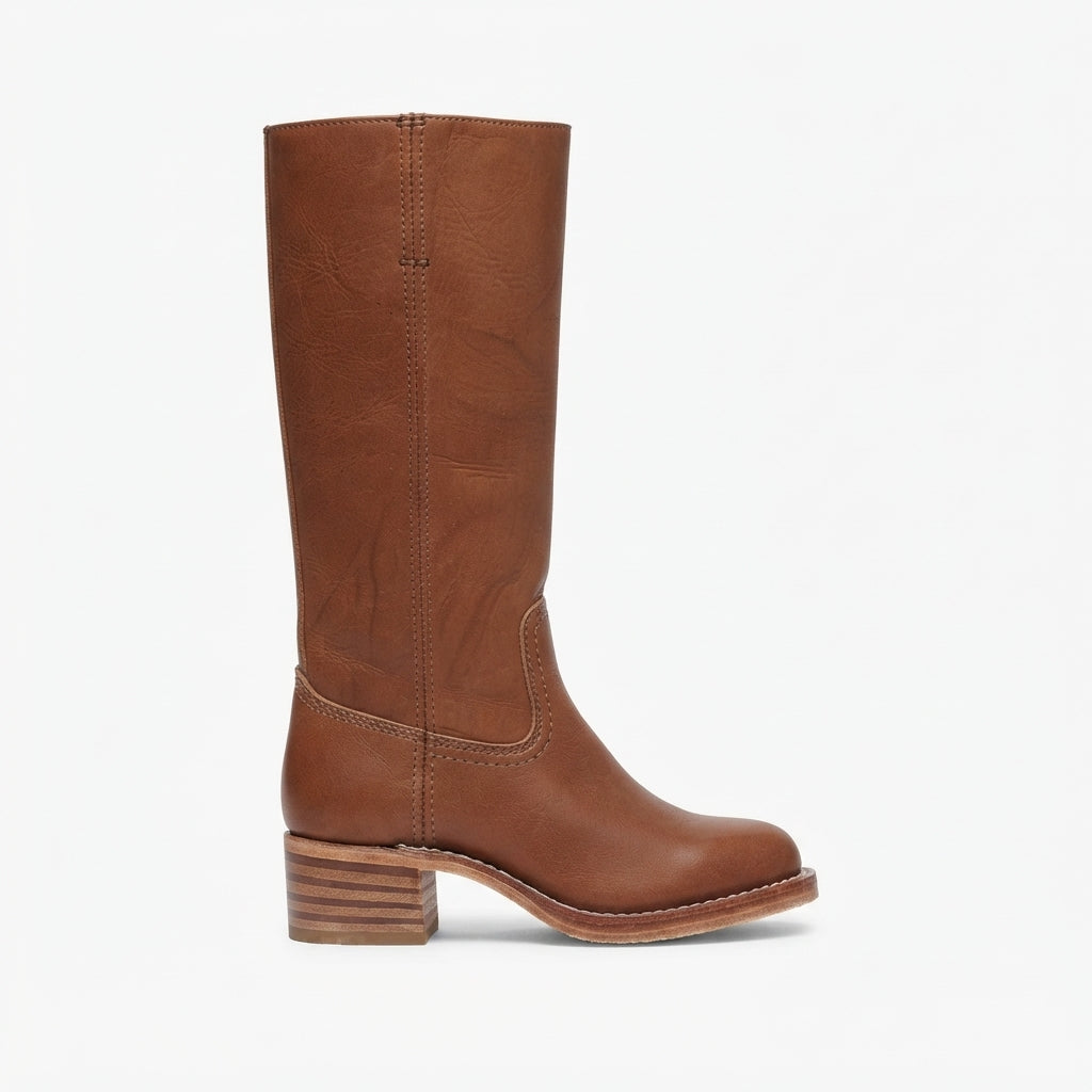 Women's Leather Knee High Boots with Low Block Heel