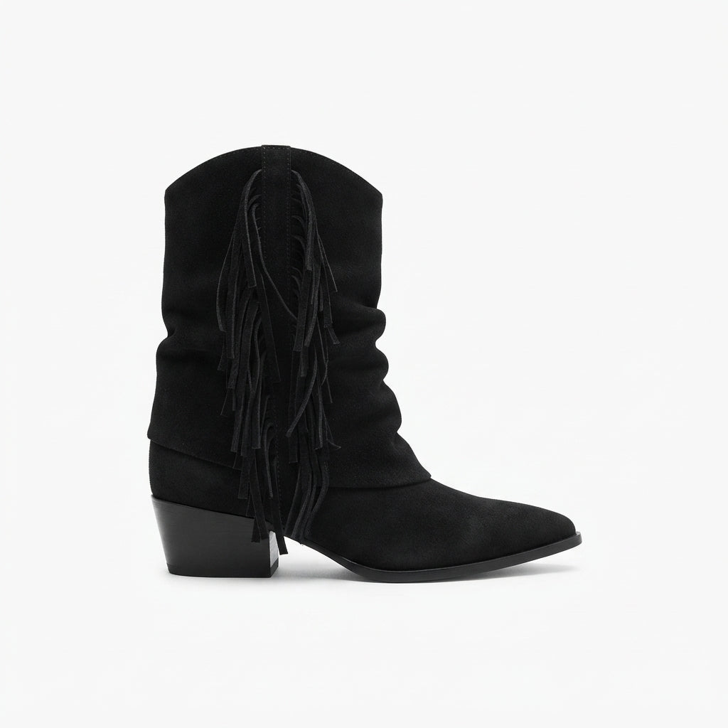 Women's Suede Fringe Slouch Cowboy Boots, Pointed Toe in Black